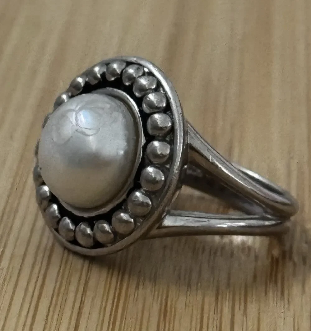 Vintage Sterling Silver Genuine Pearl Beaded Halo Statement Ring Size 7.5 10g